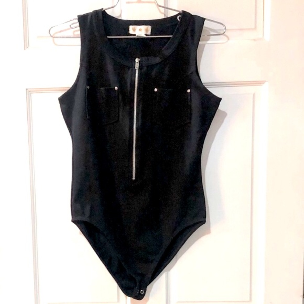 THREE BEE label black sleevless front half zip bodysuit sizeL excellent cond - Picture 3 of 14